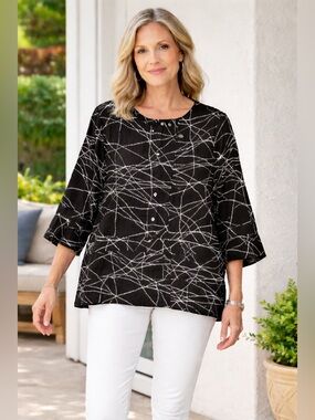 Habitat Black and White Lagenlook Patterned Blouse Statement‎ Buttons Size Large
